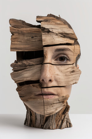 Wooden face sculpture with cracked textureの素材