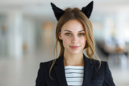 young woman with cat ears posing in black jacketの素材