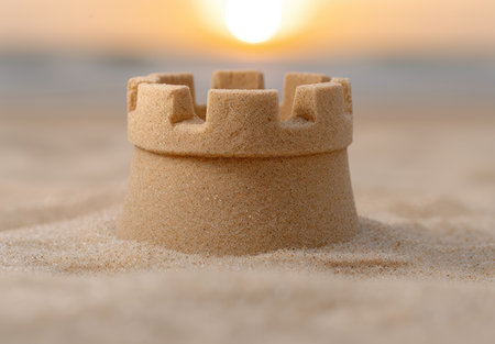 Sunset over a sand castle on the beachの素材