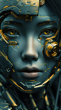 futuristic cyborg face with glowing eyes and circuitsの素材