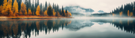 Serene autumn landscape with colorful trees reflected in a calm lakeの素材