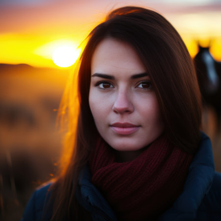 woman with long hair looking thoughtful at sunsetの素材