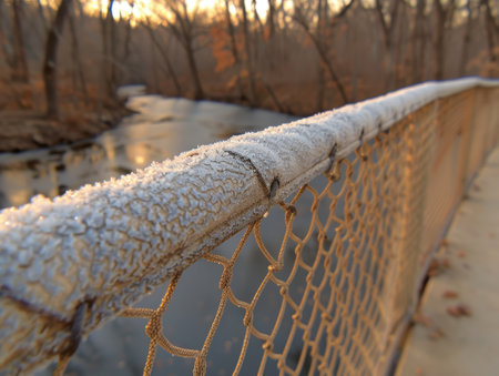 Frost-covered wooden fence in winter forestの素材