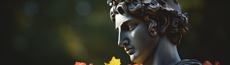Artistic statue of a classical figure with autumn leavesの素材