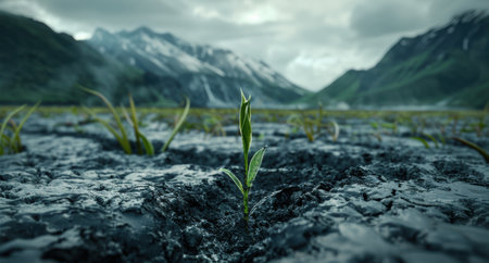 green plant growing in rocky terrain with mountains in backgroundの素材