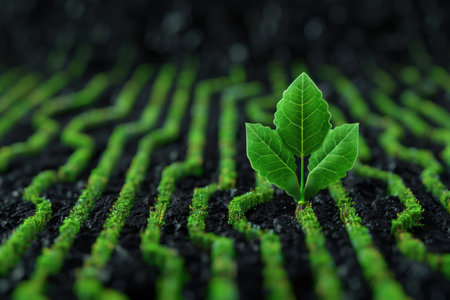 Lush green leaf emerging from dark soilの素材