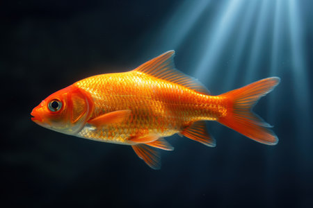 Vibrant orange goldfish swimming in dark waterの素材