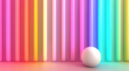 Vibrant abstract background with colorful tubes and a white sphereの素材