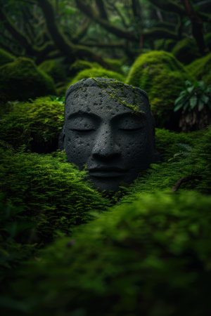 ancient stone face in lush green forestの素材