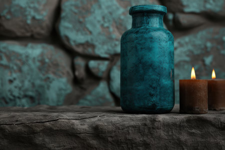 Vintage glass bottle and candle on rustic wooden surfaceの素材