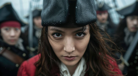 Serious young woman in winter coat and hatの素材