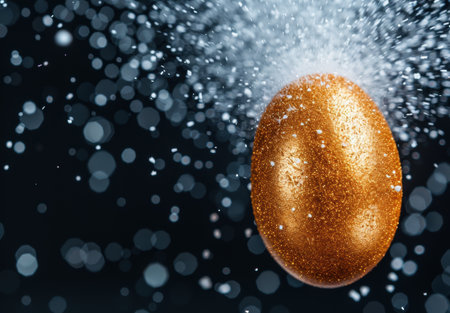 glittering golden easter egg with snow-like particlesの素材
