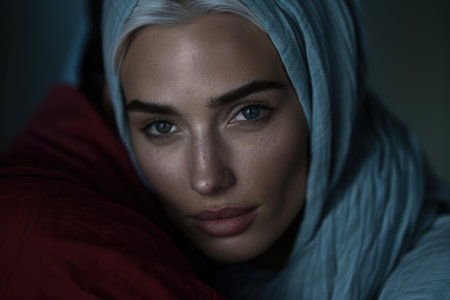 Thoughtful woman with hijab looking awayの素材