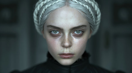 Dramatic portrait of a woman with braided white hairの素材