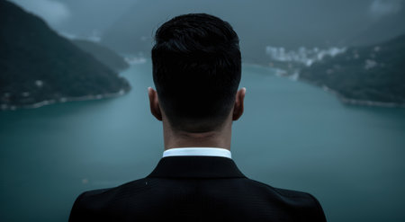 man in suit looking at scenic landscapeの素材