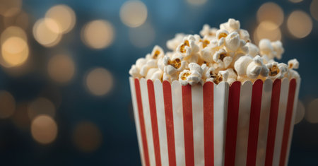Delicious popcorn in a striped boxの素材