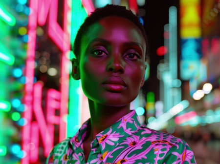 Vibrant portrait of a woman in colorful lightingの素材