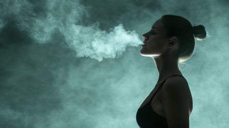 woman exhaling smoke in dark atmosphereの素材
