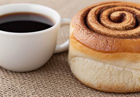 Freshly baked cinnamon roll and a cup of coffeeの素材