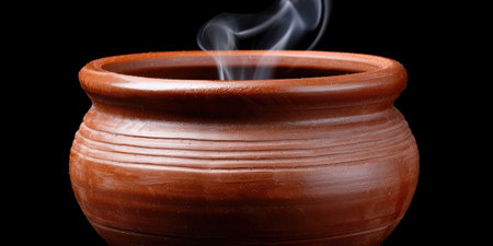 Steaming ceramic pot on black backgroundの素材