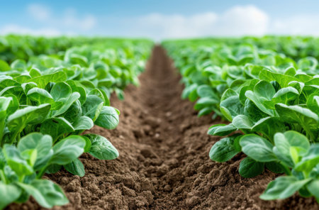 Lush green lettuce field with dirt pathの素材