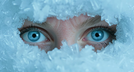 Piercing blue eyes peeking through icy winter sceneの素材
