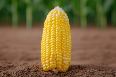 Close-up of fresh yellow corn cob on dirtの素材