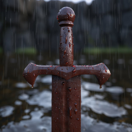 Rusted medieval sword in the rainの素材