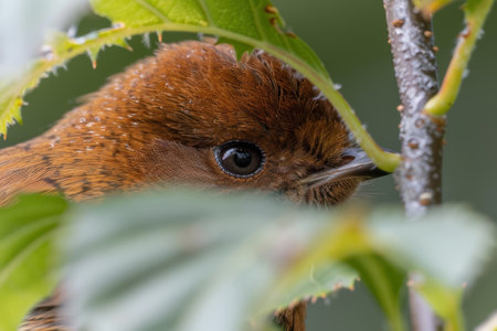 Close-up of a small brown bird with a black eyeの素材
