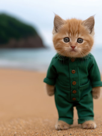 Adorable kitten wearing green outfit on beachの素材