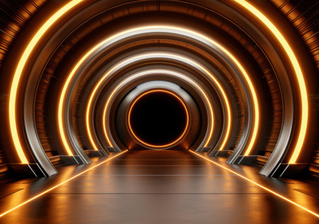 Futuristic glowing tunnel with arched lightingの素材