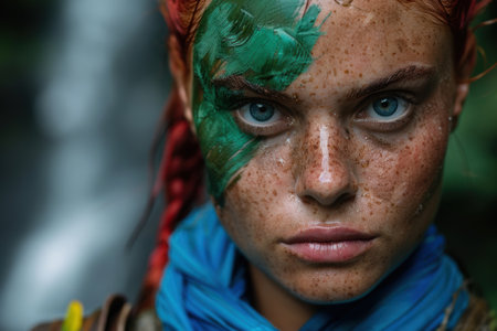 Vibrant portrait of a person with colorful face paintの素材