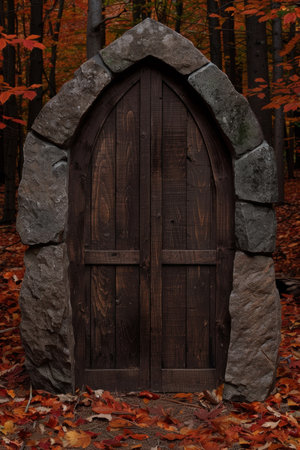 Mysterious wooden door in autumn forestの素材