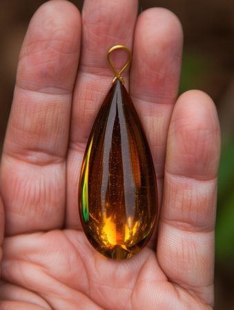 Amber-colored glass teardrop pendant in handの素材