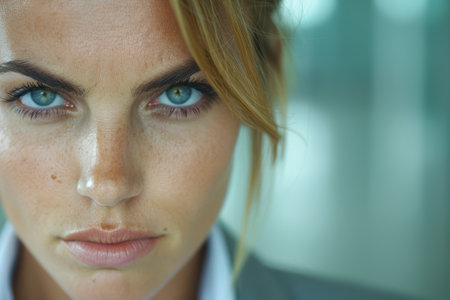 close-up portrait of a woman with piercing blue eyesの素材