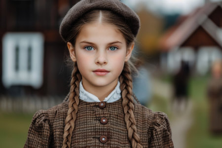 young girl with braided hair in autumn outfitの素材