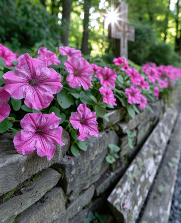 Vibrant pink flowers blooming in a lush forestの素材