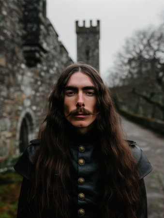 man with long hair and mustache in front of medieval castleの素材