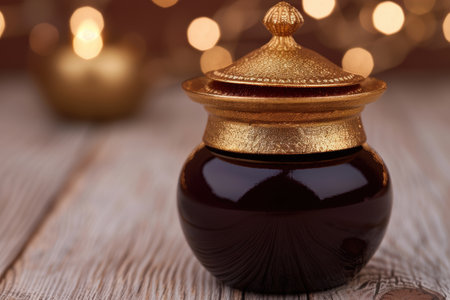 Ornate golden jewelry container on wooden tableの素材