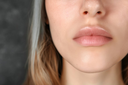 close-up of woman's lips with pink lipstickの素材