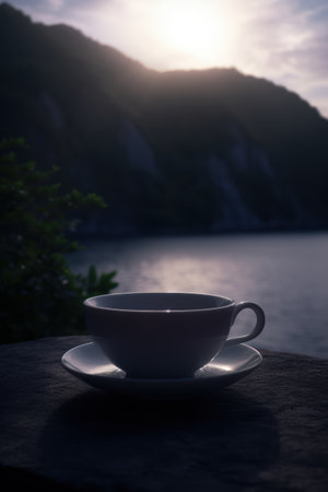 Serene mountain lake view with a cup of coffeeの素材