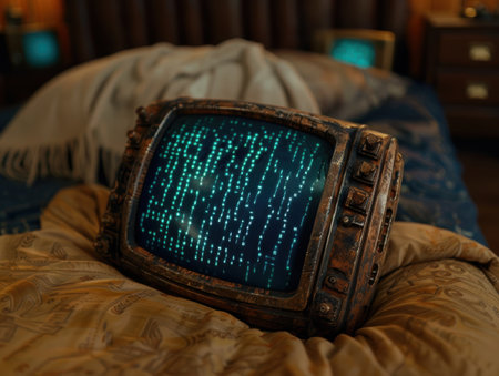 Vintage sci-fi television display with glowing matrix of lightsの素材
