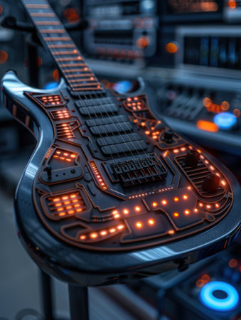 Futuristic electric guitar with glowing lightsの素材