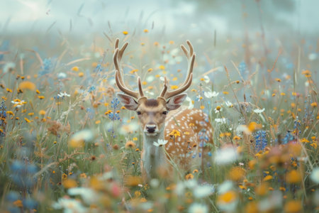 Deer in a field of wildflowersの素材