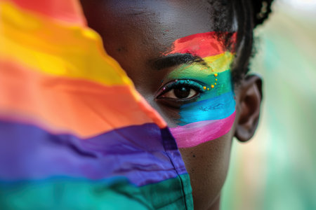 Colorful face paint on a person's faceの素材