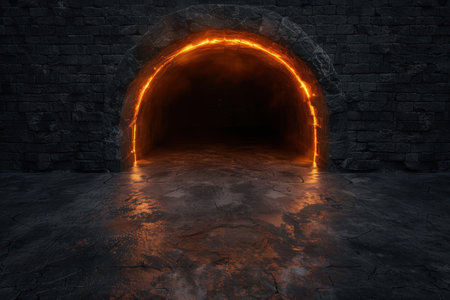Glowing archway in dark tunnelの素材