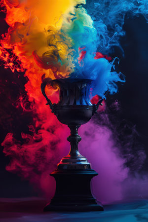 Colorful smoke billowing from a trophy cupの素材