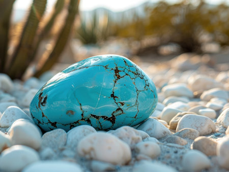 Closeup of a turquoise stone on a bed of pebblesの素材
