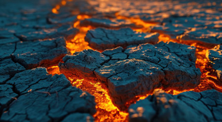 Molten lava flowing over rocky terrainの素材