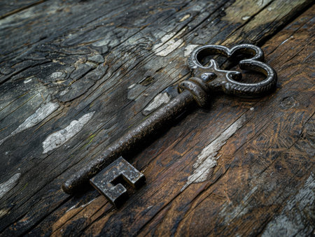Antique key on weathered wooden surfaceの素材